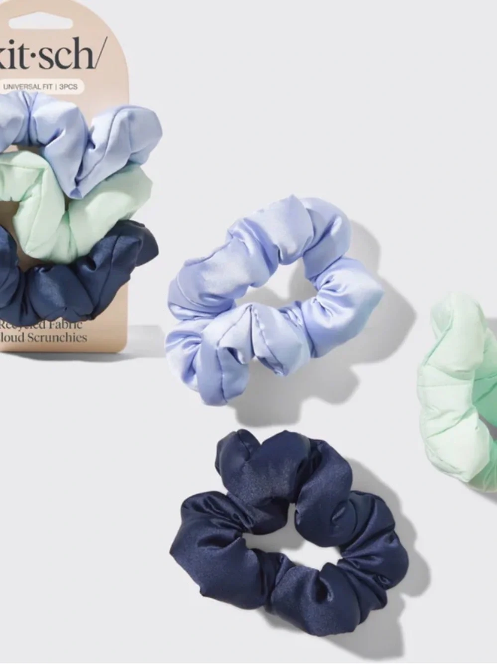 Kitsch Satin Scrunchie Set — Light Blue, Mint Green & Navy